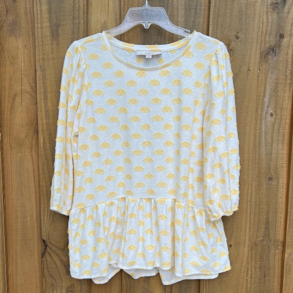 🌟3 for $25🌟 LOFT Clip Yellow Polka Dot 3/4 Sleeve Peplum Top Blouse Women's
